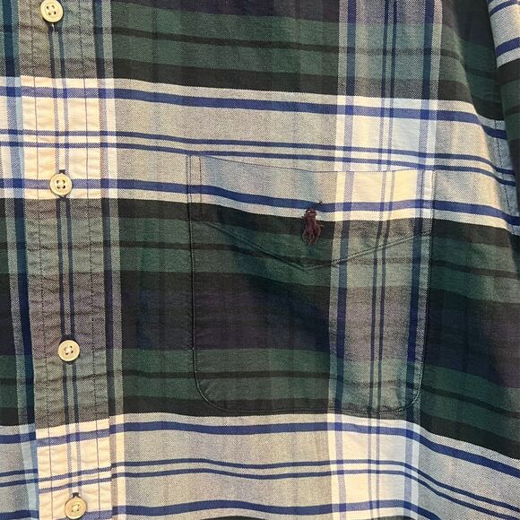 Vintage Polo Ralph Lauren Large Big Shirt Large Blue Green Gray Flannel Button - Picture 3 of 7